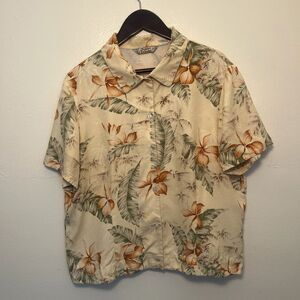 Tommy Bahama Vintage Pure Silk Hawaiian Hibiscus Short Sleeve Shirt, Tan- Large